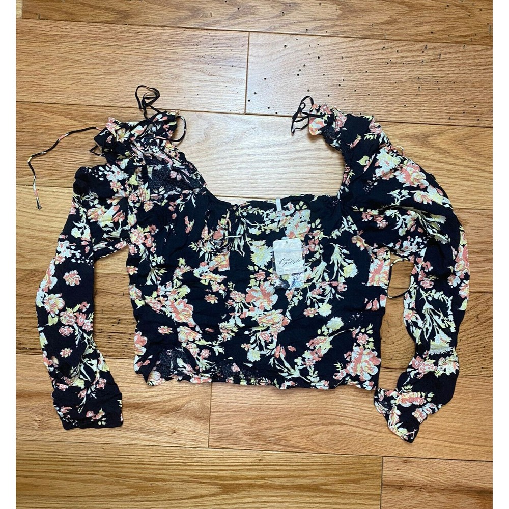 Free People Hilary Floral Printed Top Black Long Sleeve Large Boho Cropped‎